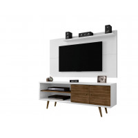 Manhattan Comfort 221-201AMC69 Liberty 62.99 Mid-Century Modern TV Stand and Panel with Solid Wood Legs in White and Rustic Brown